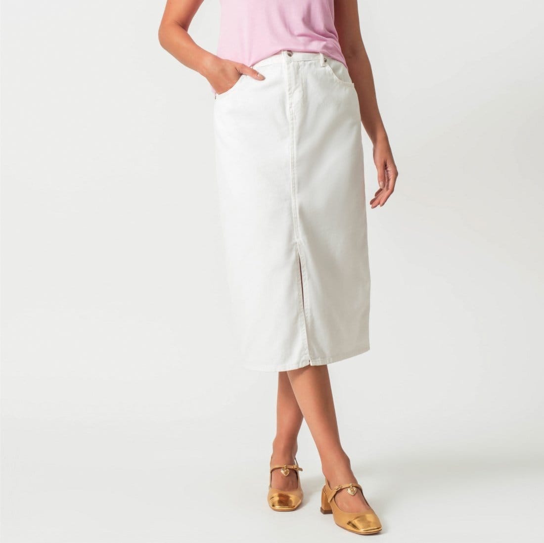 Saia Midi Jeans Color Reta Fenda Frontal Branca