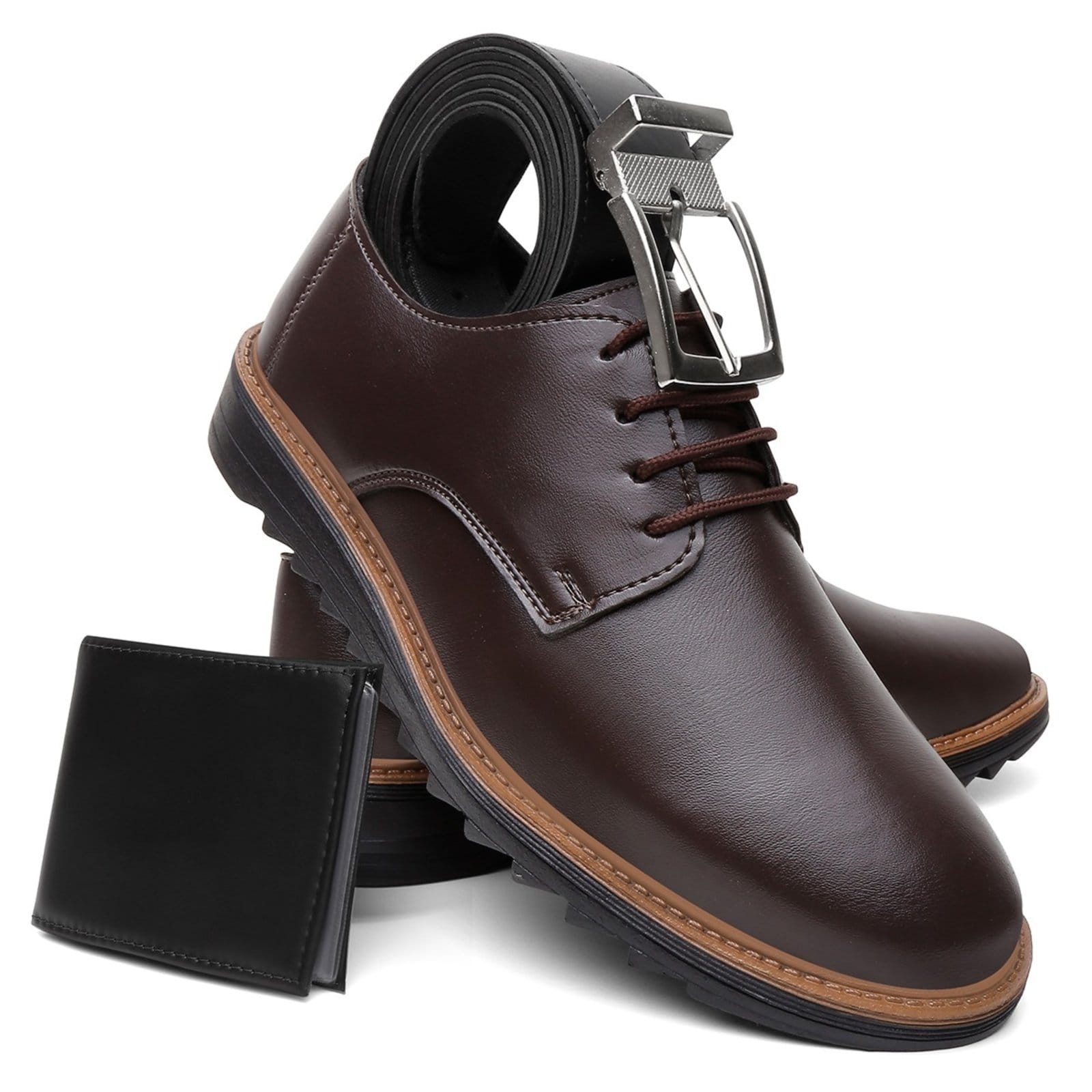 Sapato Casual Masculino A. Andrade Derby Amarrar Brogue Conforto Moda Kit Carteira e Cinto
