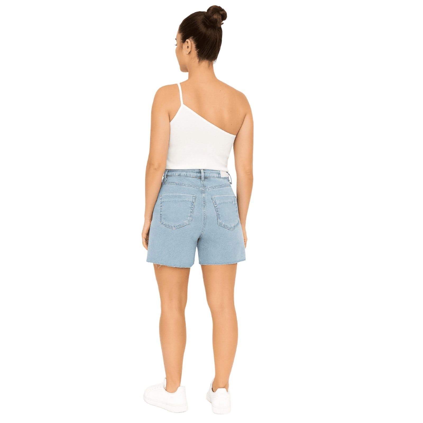 Vista 2 Bermuda Feminina Mom Desfiada Flor de Lis jeans