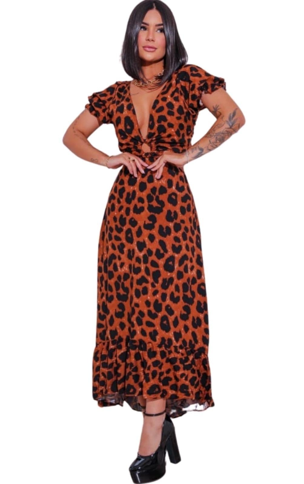 Vestido Midi Viscose Abertura Argola Escuro Animal Print