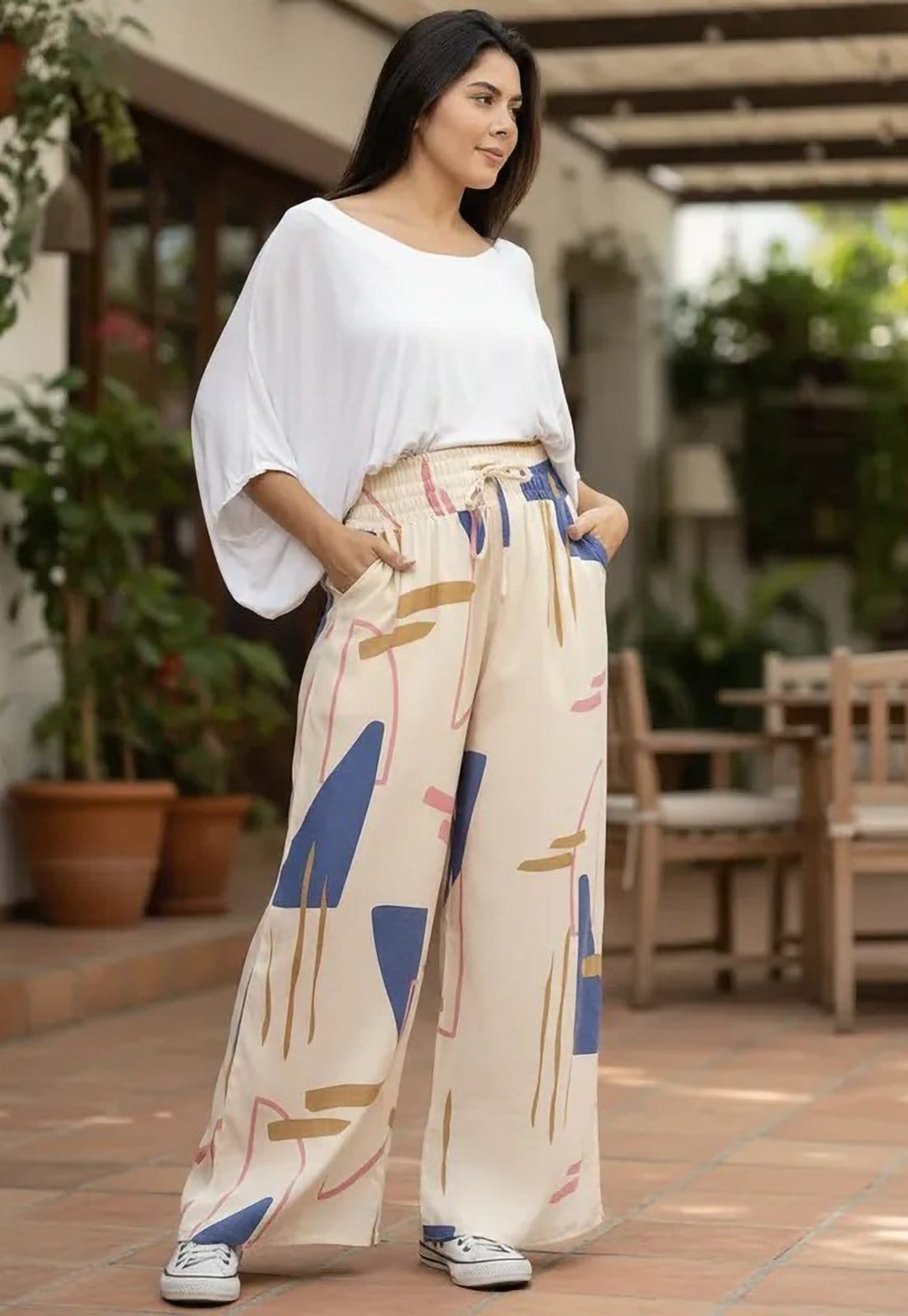 Vista 2 Calça CabanaFree Pantalona Elastic Estampa Creme Organic Cabanafree estampado