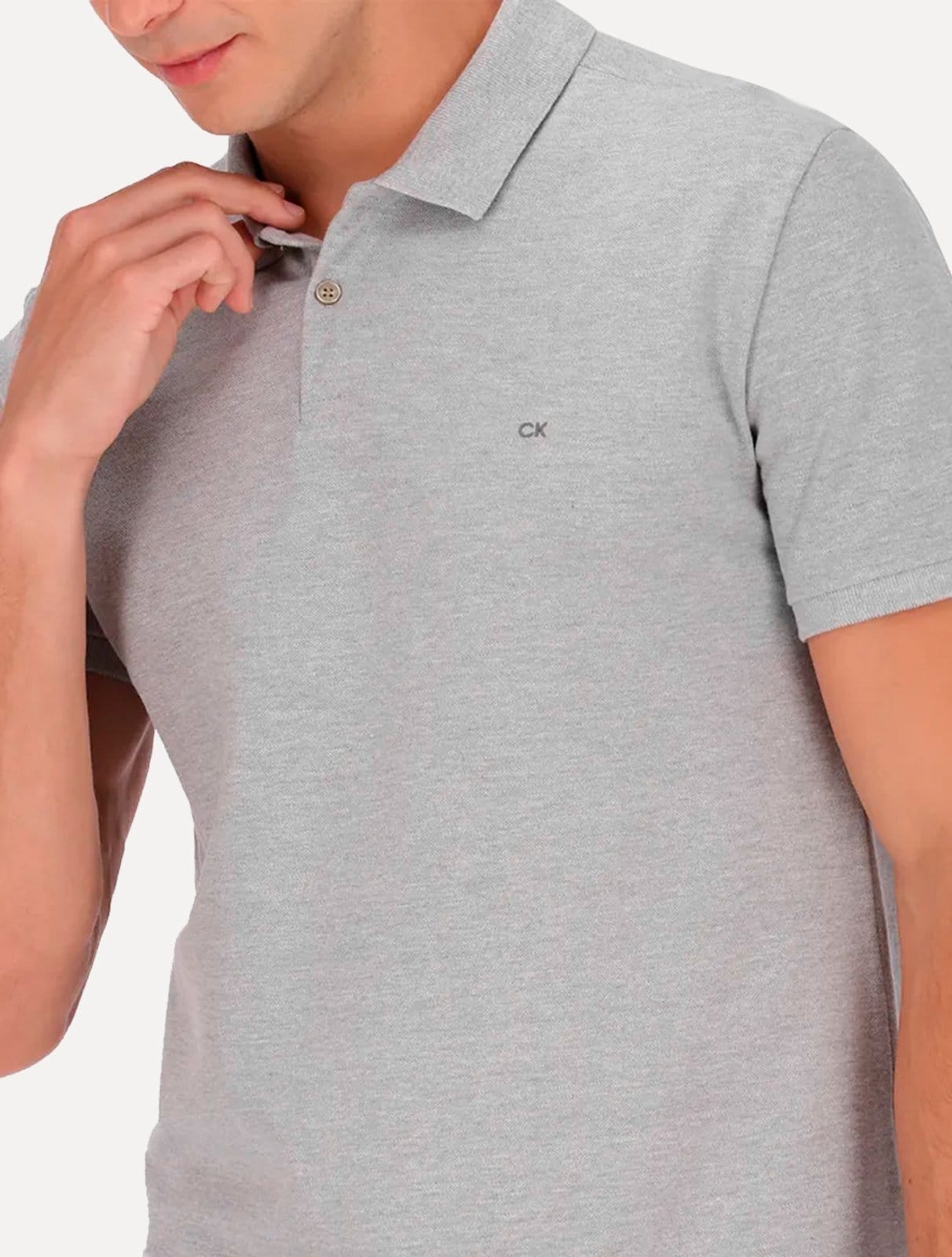 Vista 2 Polo Calvin Klein Masculina Piquet Slim Básica Sem Friso Mescla Calvin Klein cinza