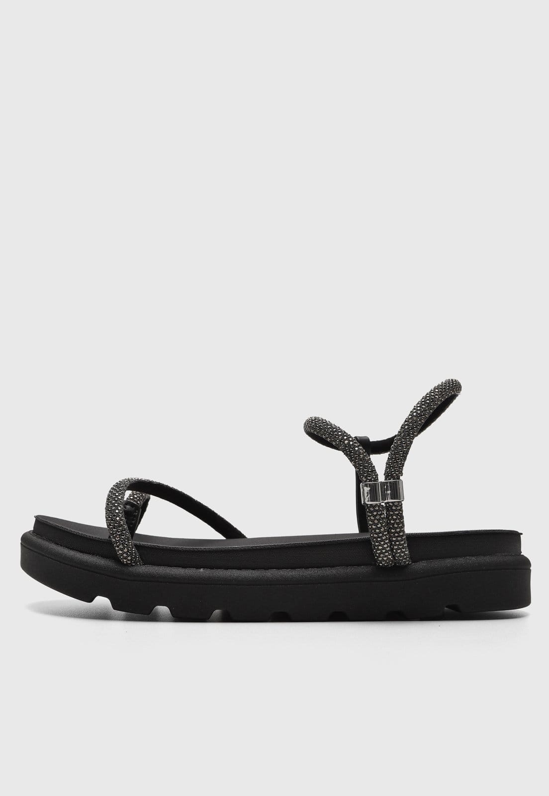 Rasteira Fechada Vizzano Tiras Brilhantes Preta