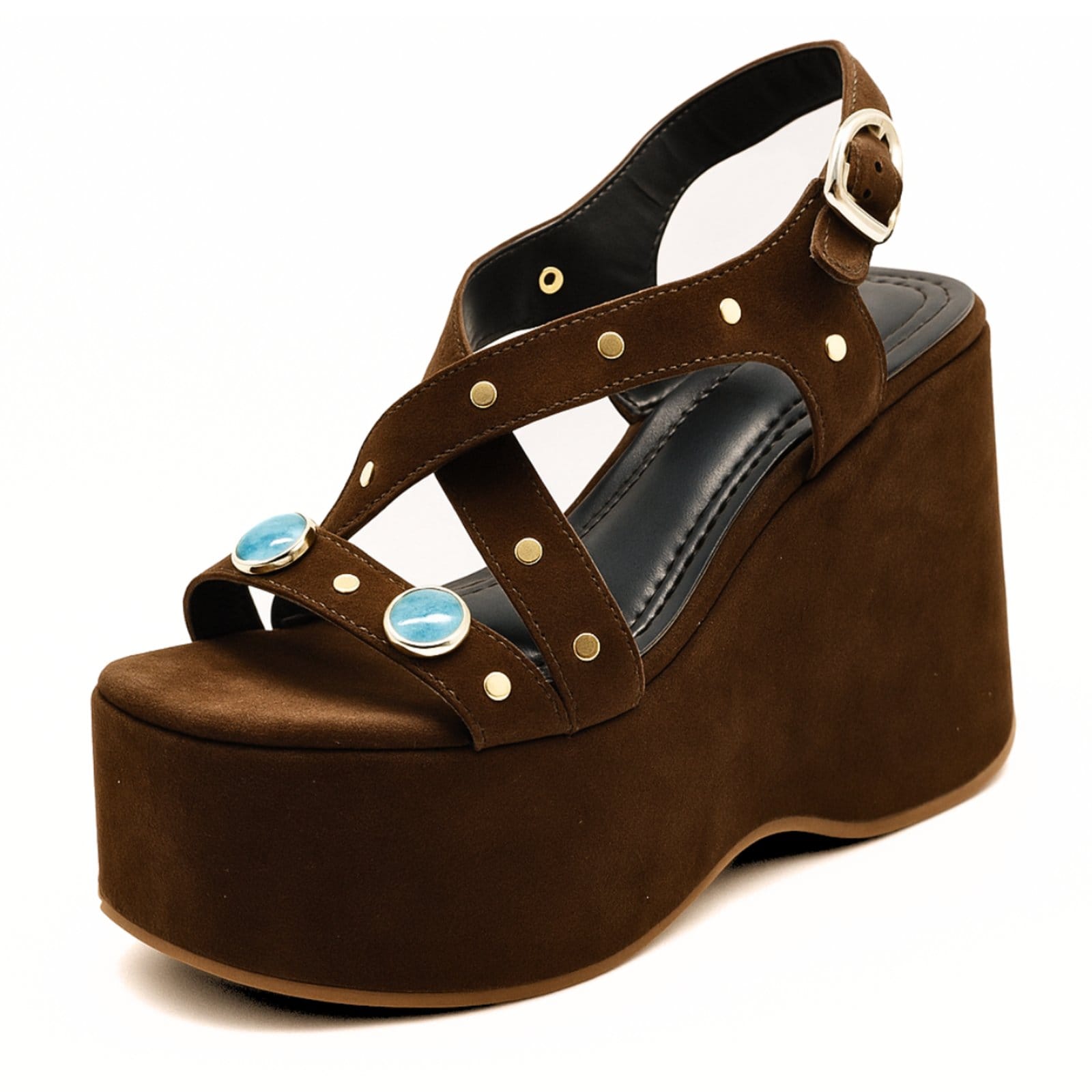 Vista 2 Sandália Feminina Plataforma Anabela Pedrarias Glamour Camurça 182173 Sete Sales marrom
