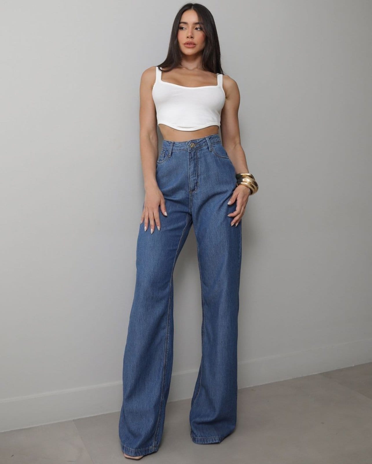 Calça Wide Leg Feminina Cintura Alta 25092 Média