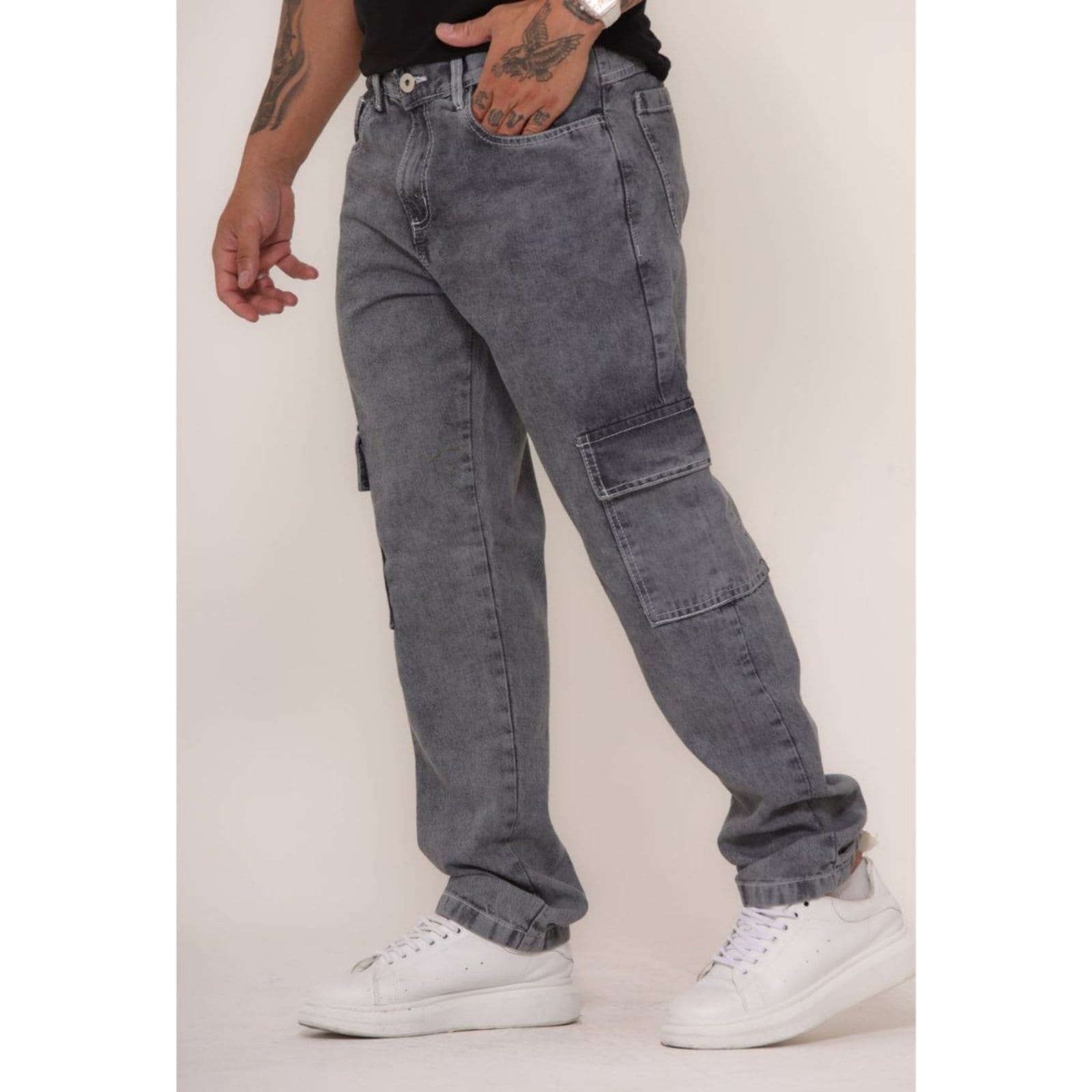 Calça Cargo Masculina Jeans Loka Collor com Costura Branca