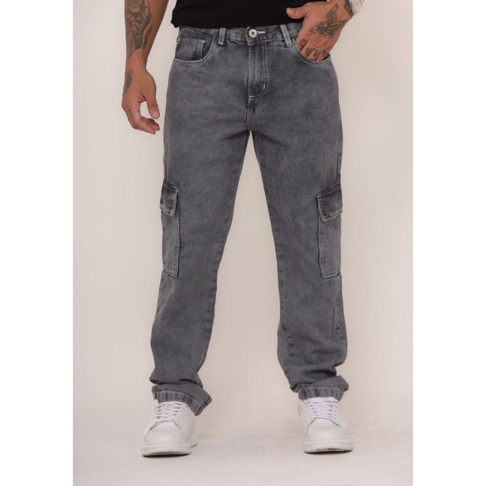 Vista 2 Calça Cargo Masculina Jeans Loka Collor com Costura Branca Jeans Loka cinza/grafite/preto