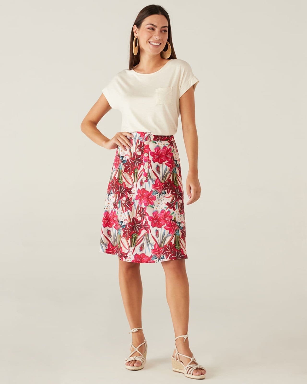 Saia Midi Floral Em Crepe