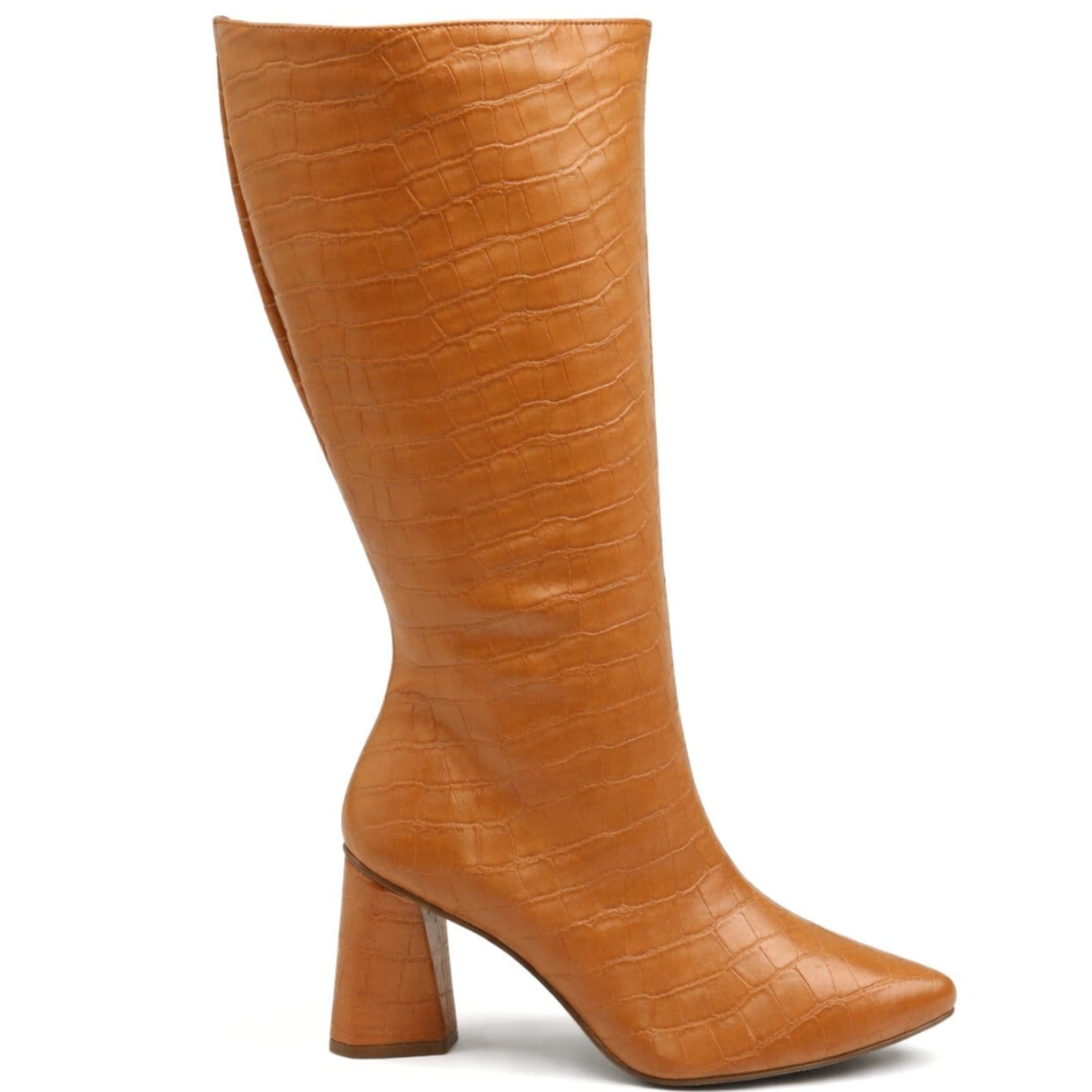 Vista 2 Bota Feminina Cano Longo Salto Triângulo Croco Whisky 23020 Flor da Pele caramelo