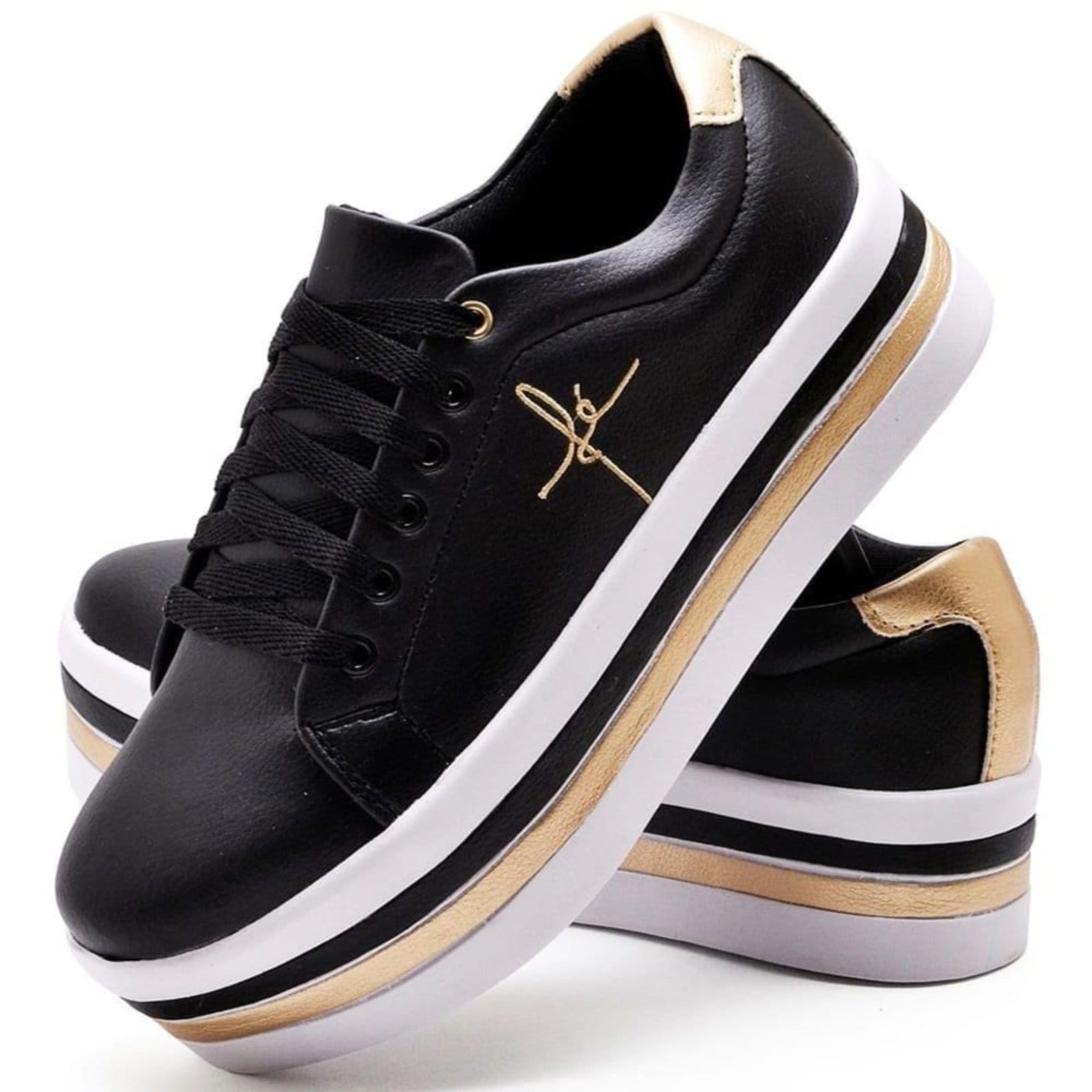 Vista 2 Kit 2 Tênis Feminino GuGi Plataforma Bordado Fé Detalhes Laterais Da Sola Preto e Gugi nude/preto nude