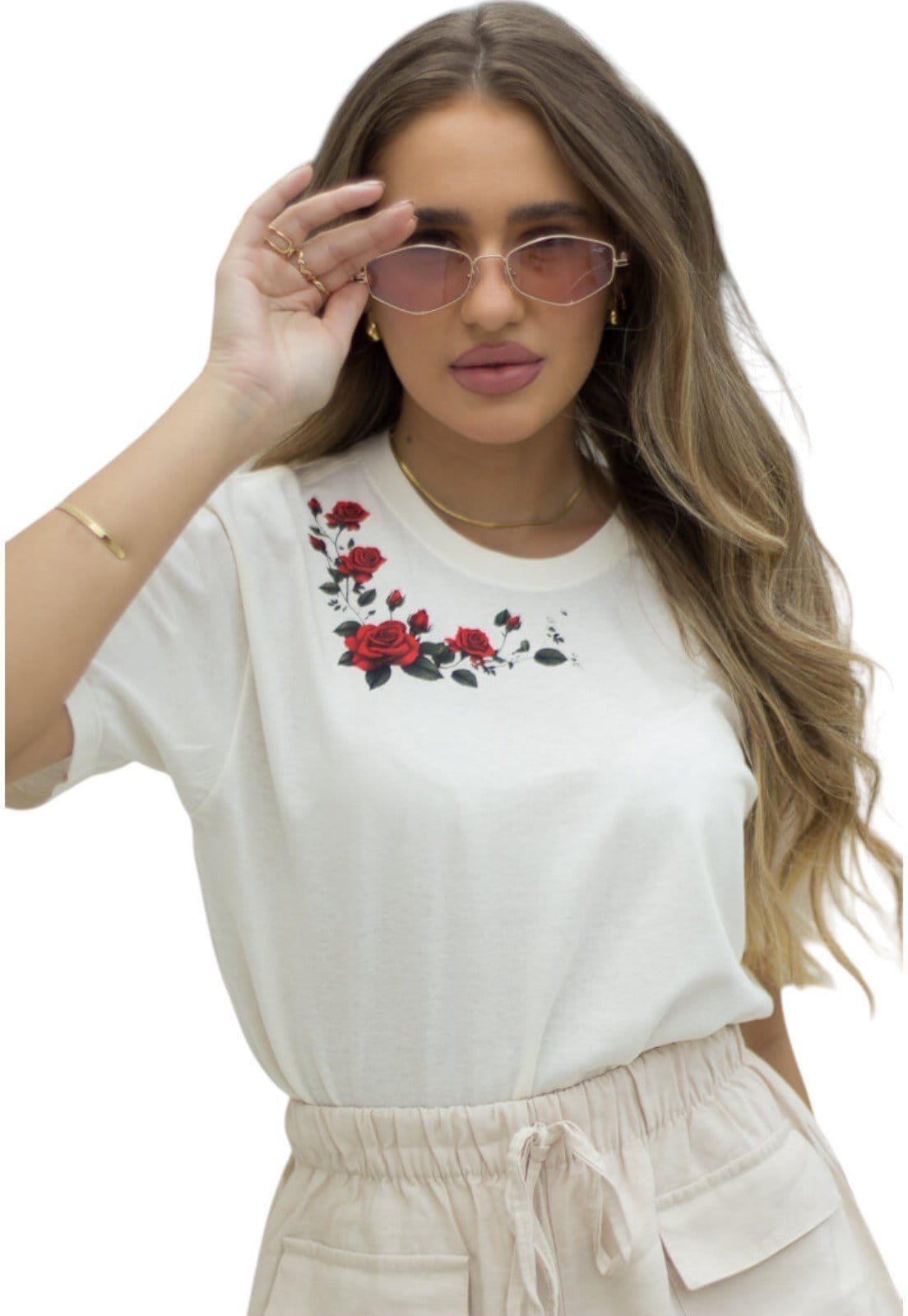 Vista 2 Camiseta Cianitas Off Estampa Rosa Vermelha Gola Cianitas off-white rosa