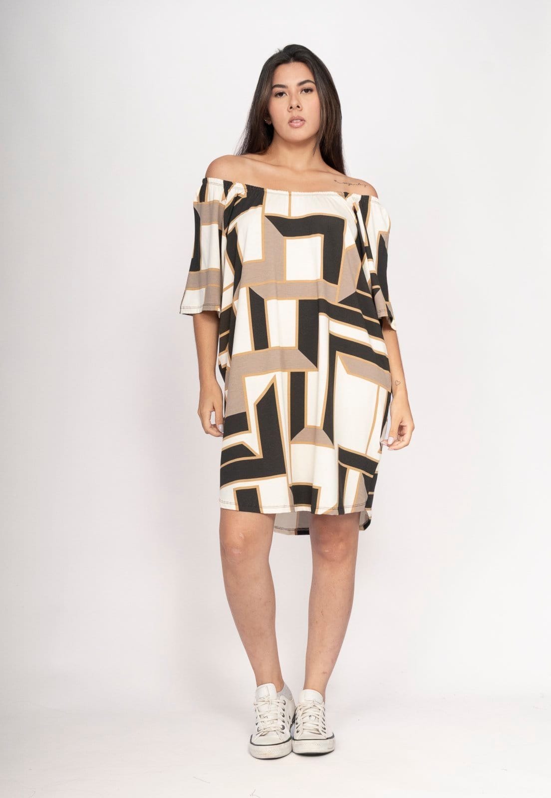 Vestido CabanaFree Curto Malha Ombro a Ombro Mullet Amplo Estampa Igaci