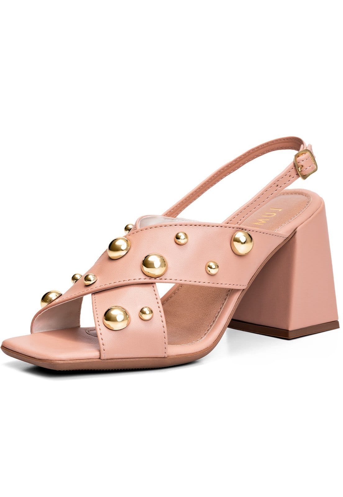 Sandália Feminina Lumiss Salto Alto Bloco Confortável Tachas Esfera