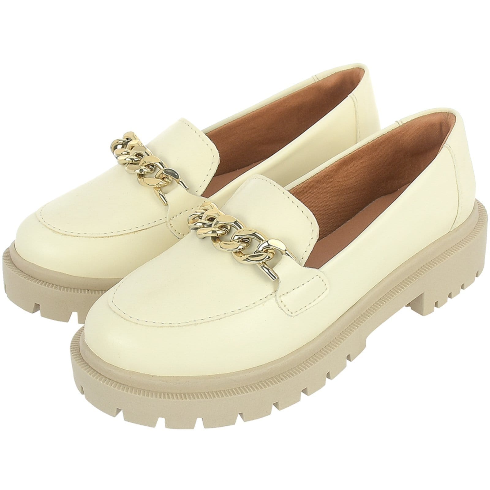 Sapato Feminino Mocassim Tratorado Donatella Shoes Bico Redondo Confort Off White com corrente