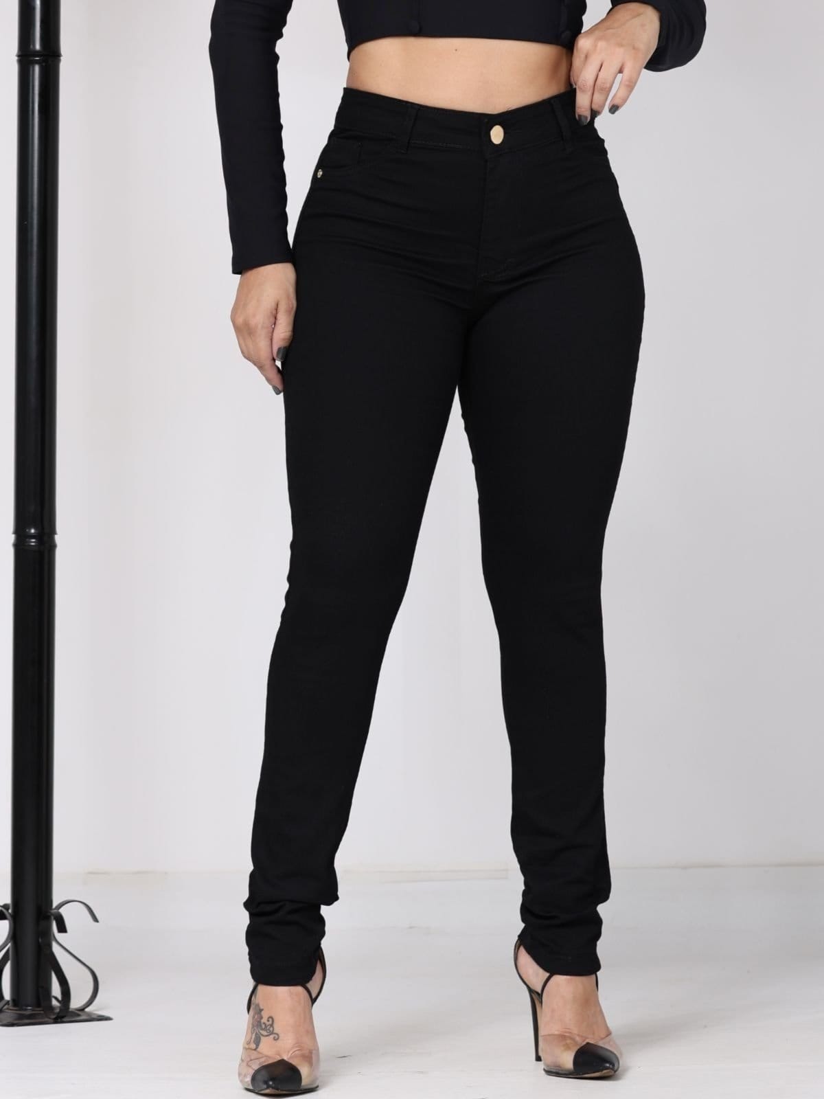 Calça Donna De Paula Skinny Preta Feminina Jeans Com Elastano Cintura Alta