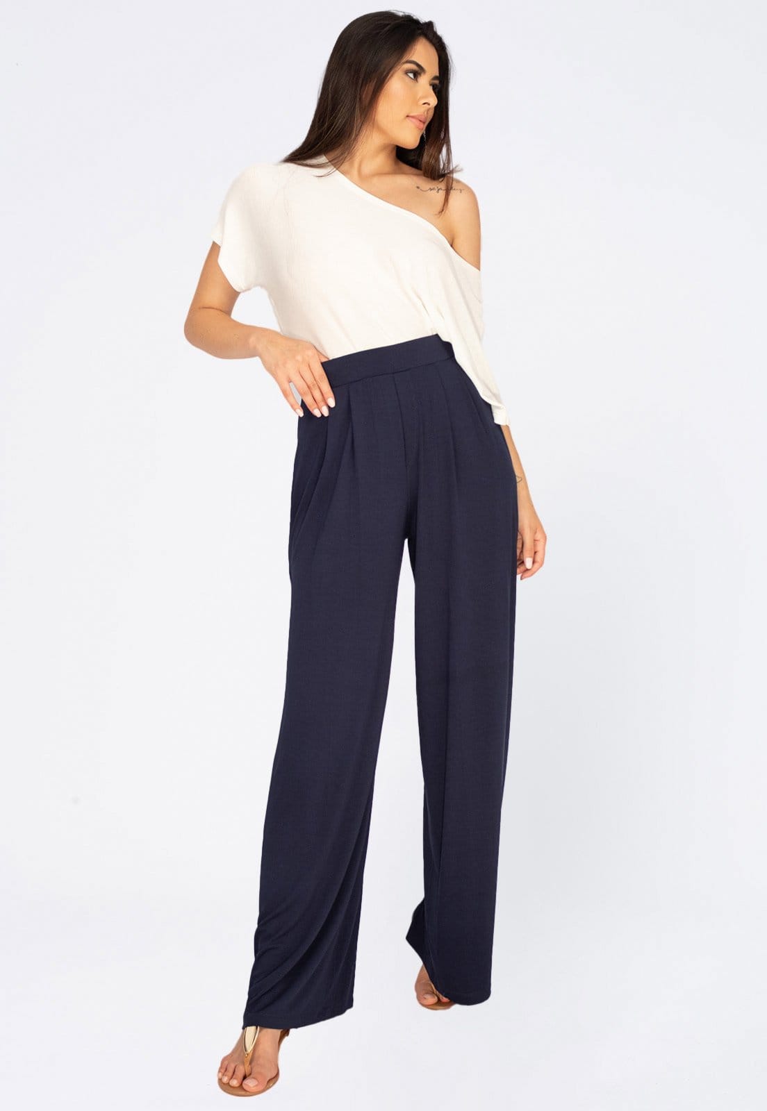 Vista 2 Calça Pantalona Amazonia Vital Malha com Prega e Bolso Amazonia Vital azul marinho