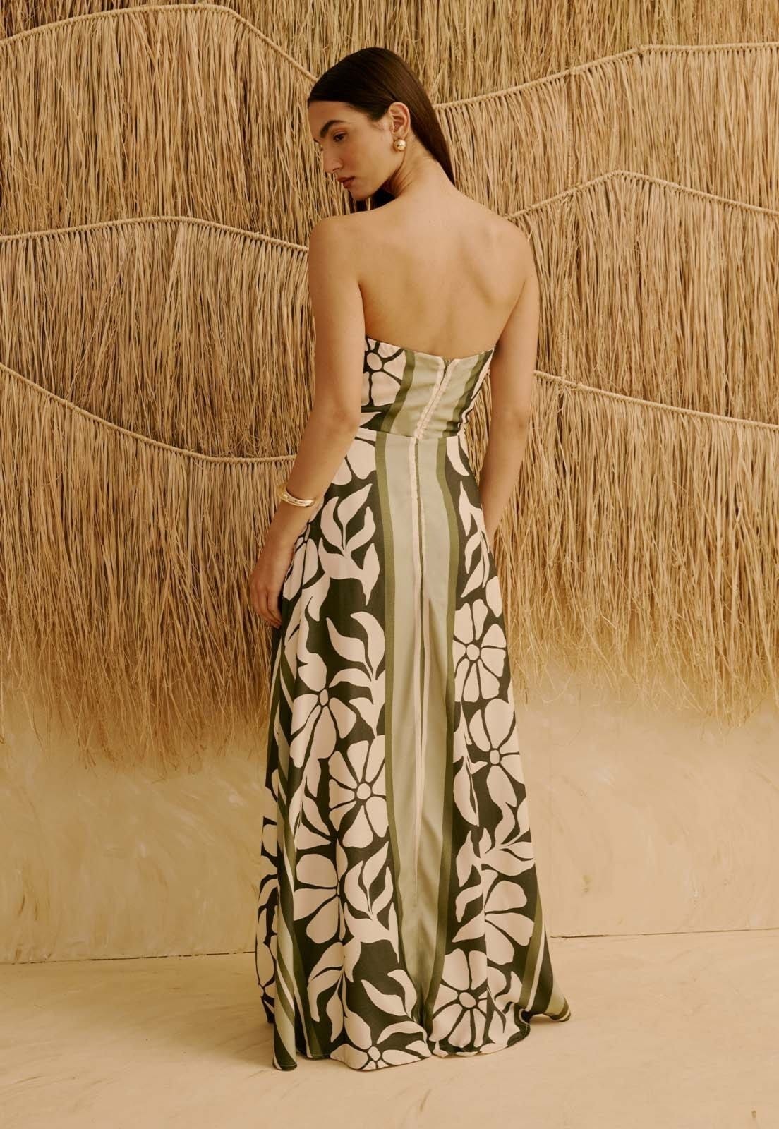 Vista 2 Vestido Longo Tomara Que Caia Godê Estampado Wayra CaCay verde oliva
