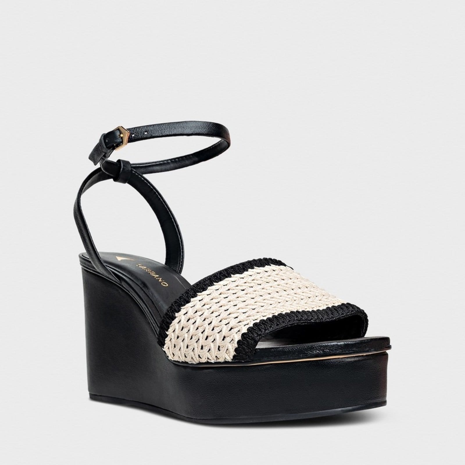 Vista 2 Sandália Anabela Bicolor Crochet e Couro Carrano 154113 Carrano preto