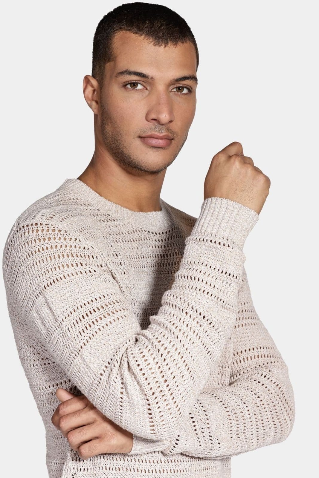 Vista 2 Tricot Aramis Manga Longa Jacquard Jogo de Pontos Areia Aramis bege