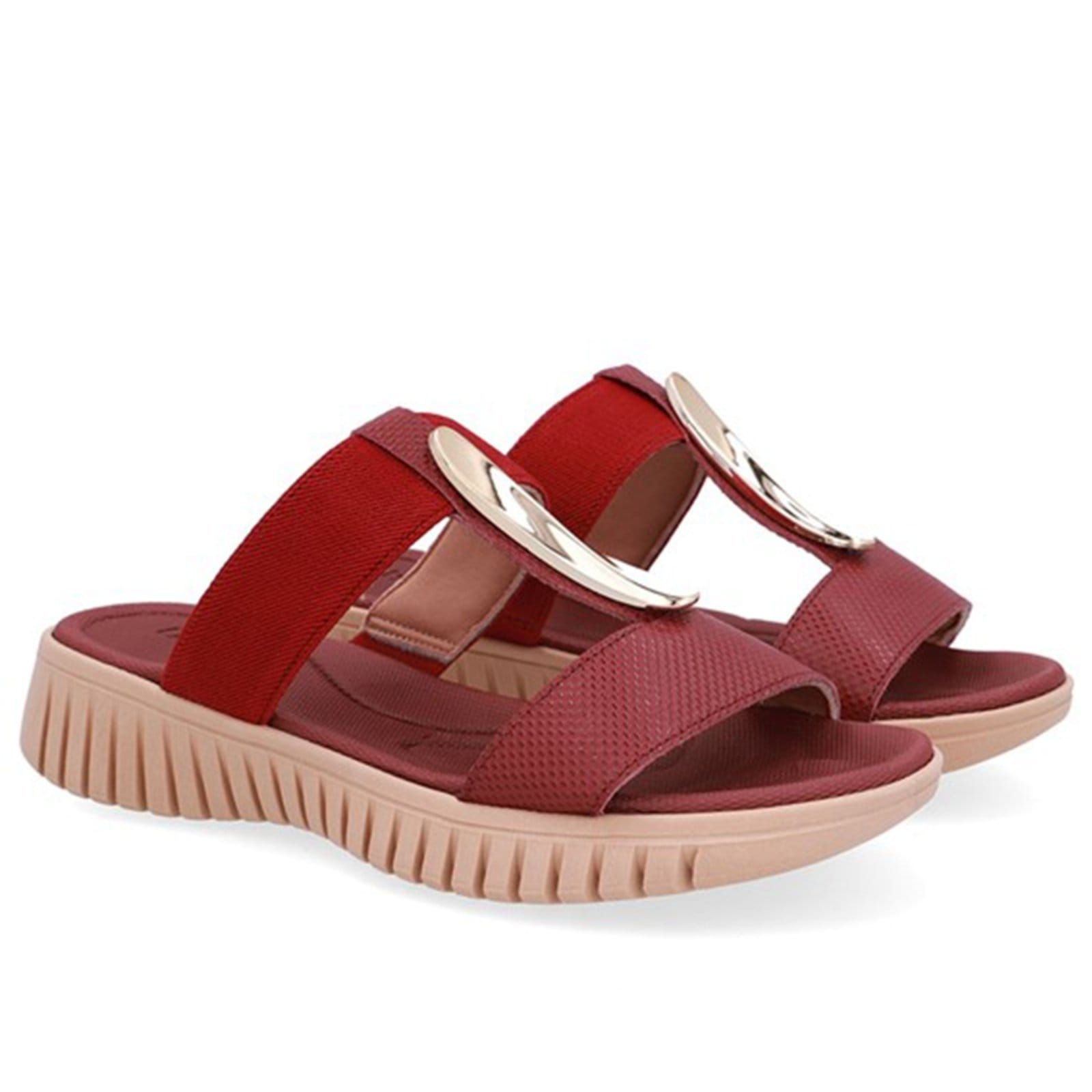 Vista 2 Tamanco Salto Baixo Couro Enfeite Dourado Usaflex Pinhao - 004 Usaflex vermelho