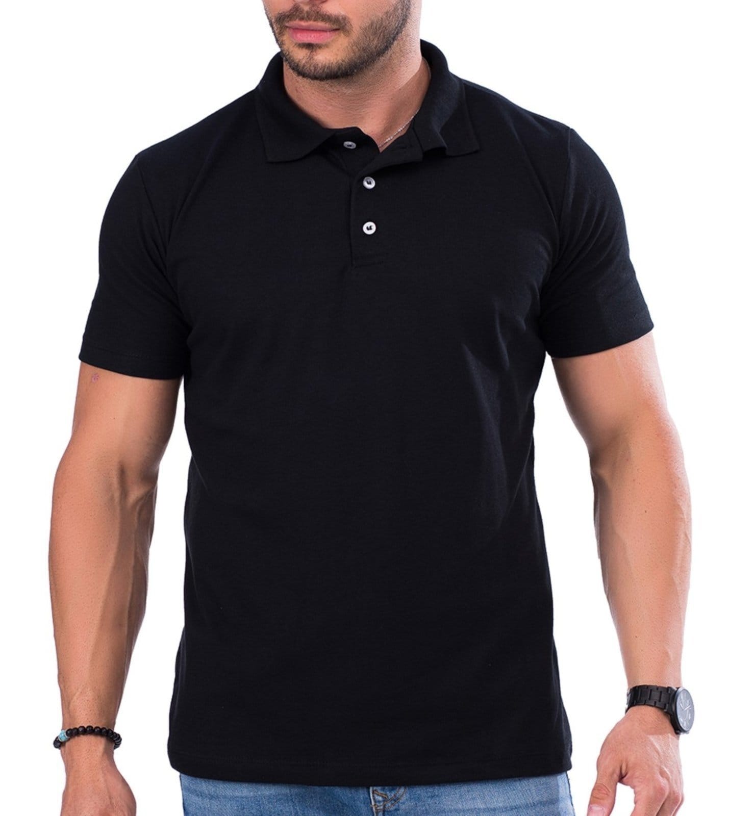 Vista 2 Camiseta Polo Masculina Algodão Básica Lisa Premium Preta Nine4 preto