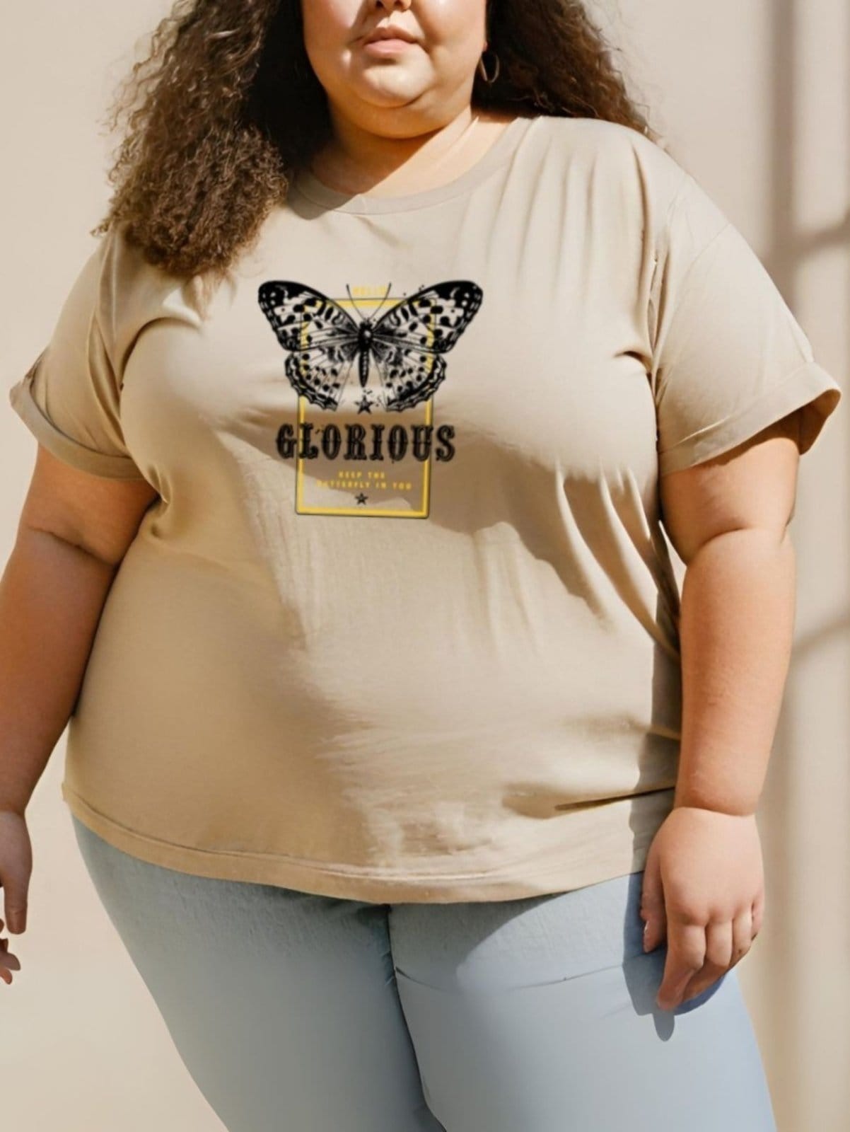 Camiseta Feminina T-shirt Plus Size GuGi Borboleta Estampada Camisa Blusa Caqui - 2