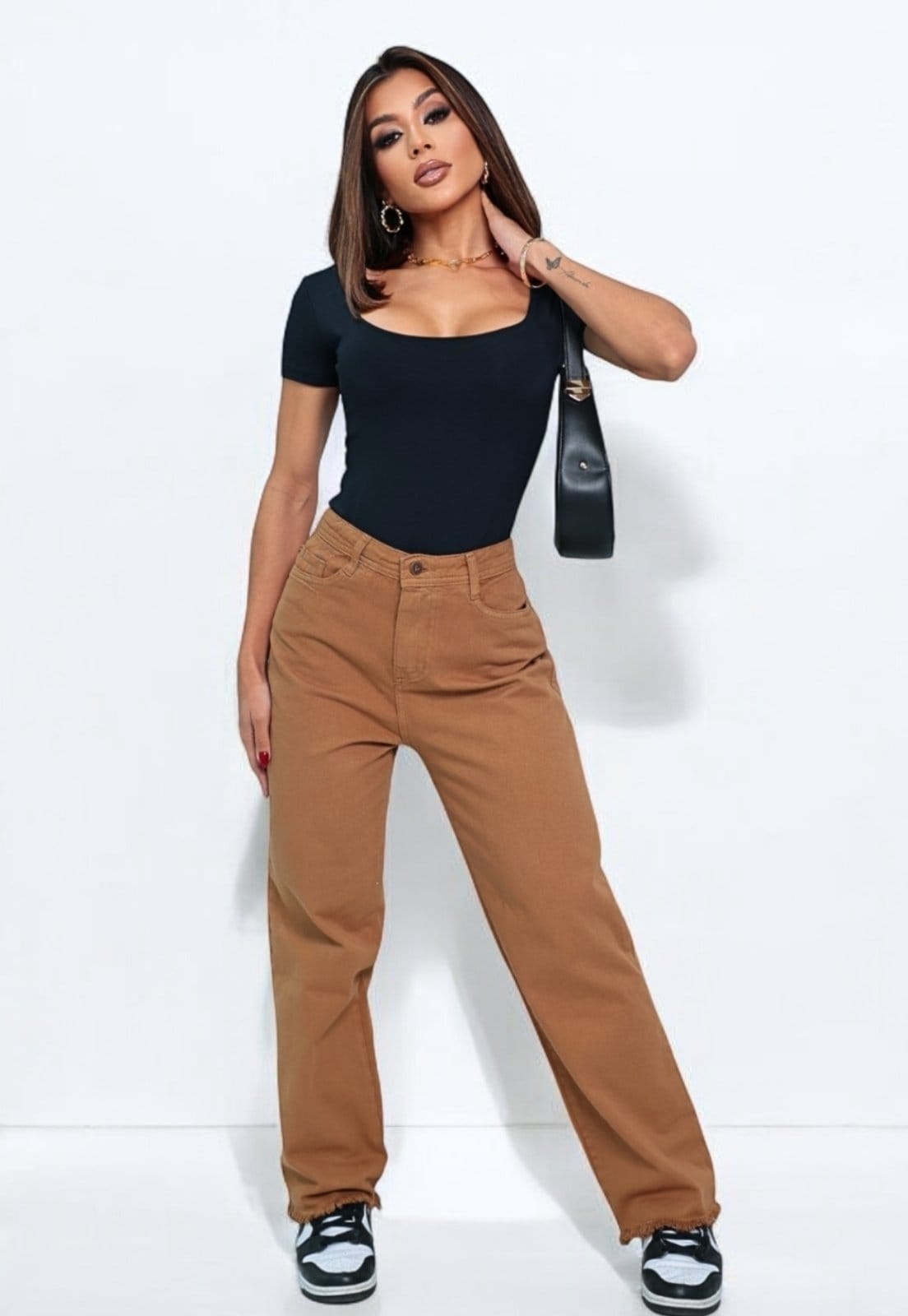 Vista principal Calça Sarja Wide leg Marrom Patria Brasil rosa