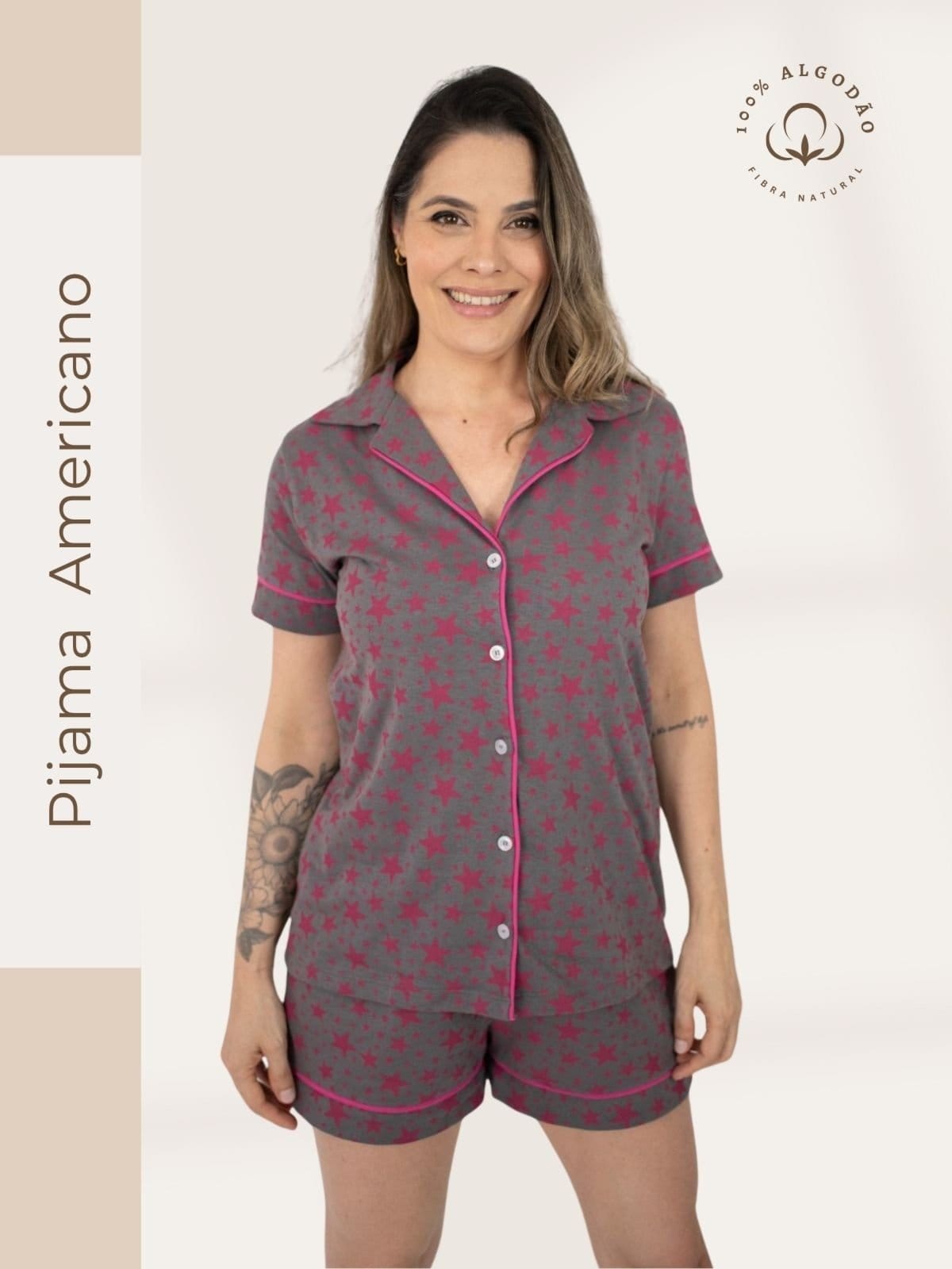 Pijama Algodão Americano Curto Flávia Estrelinhas - Chumbo