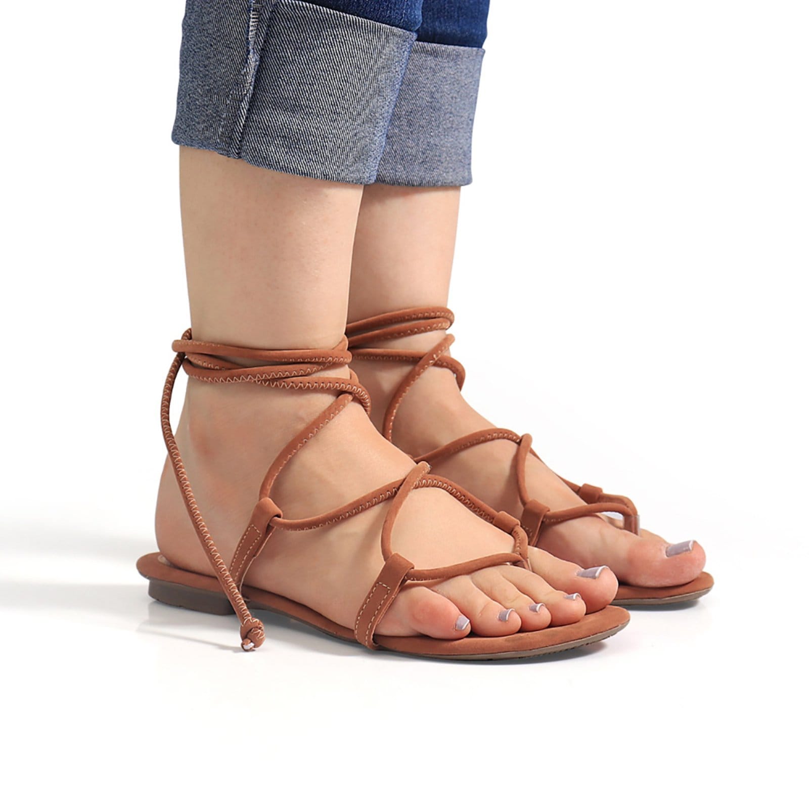 Vista 2 Sandália Feminina Rasteira Gladiadora Amarrar Perna Confortável Resistente BREDENI marrom