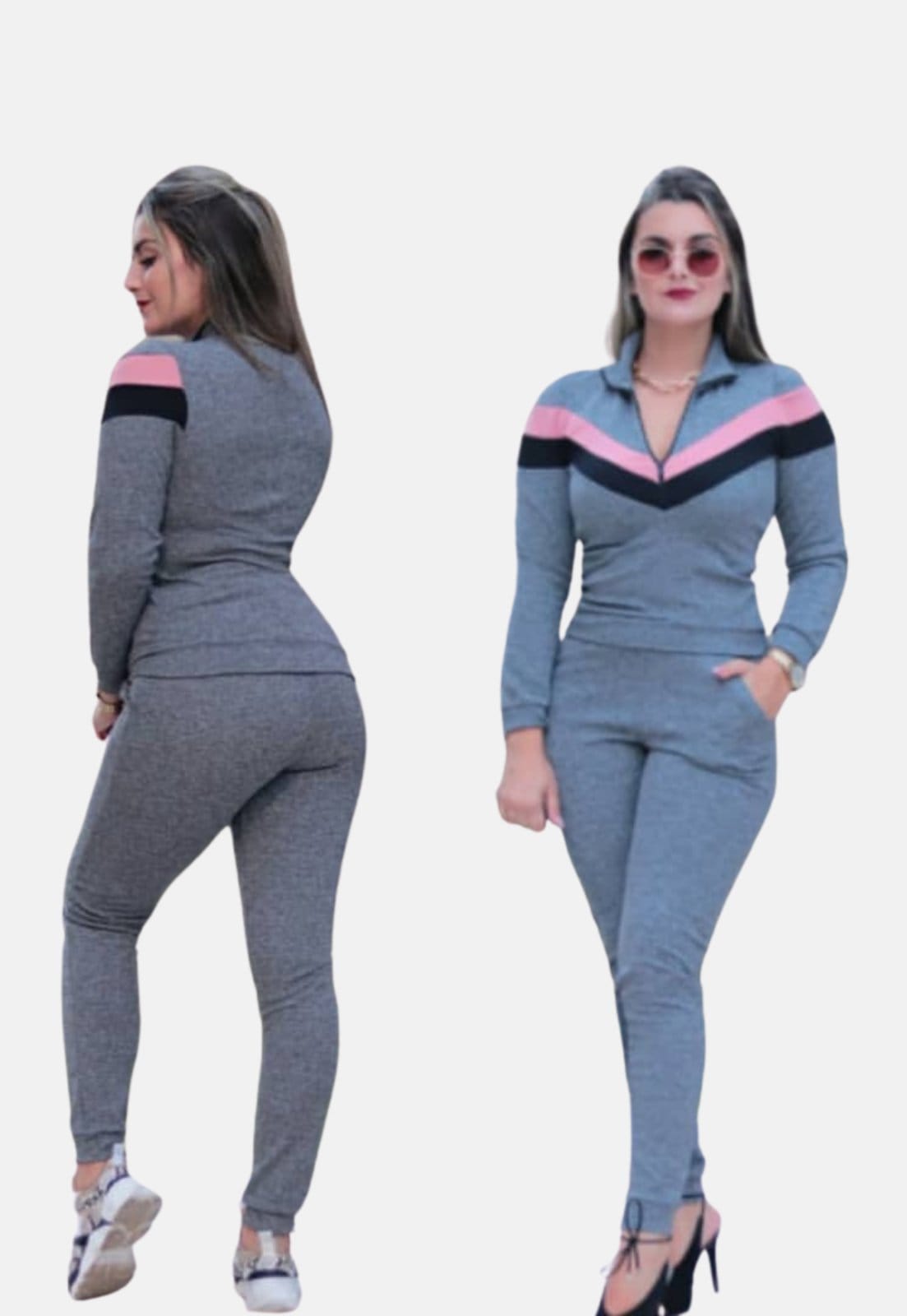 Vista 2 Conjunto Agasalho Summer Body Malha Crepe com Zíper gola alta Summer Body cinza/preto/rosa