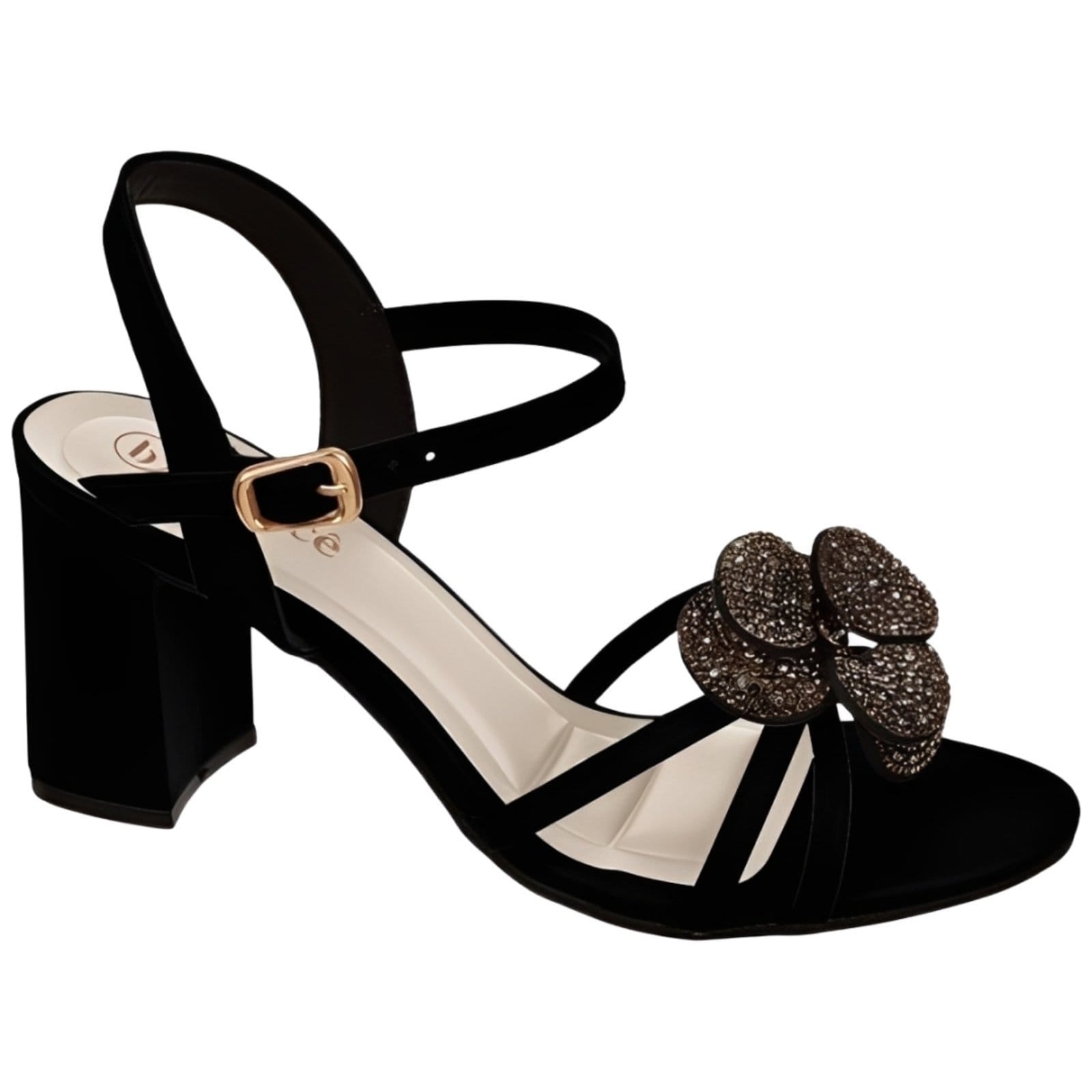 Vista 2 Sandália Feminina Salto Bloco Grosso Médio Preta Brilho Flor Santa Rosa preto rosa