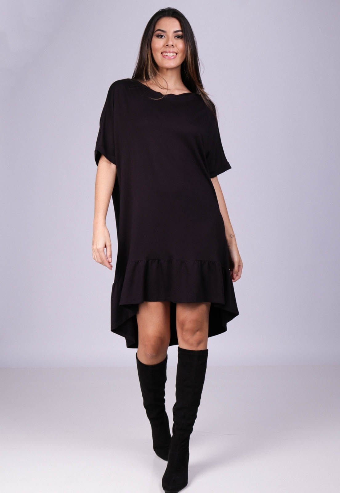 Vista 2 Vestido Curto Amazonia Vital Malha Mullet Amplo Babado Amazonia Vital preto