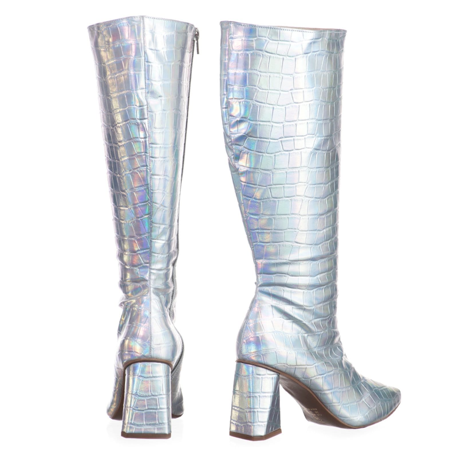 Vista 2 Bota Feminina Cano Longo Salto Triângulo 23020 Holográfico Flor da Pele prata