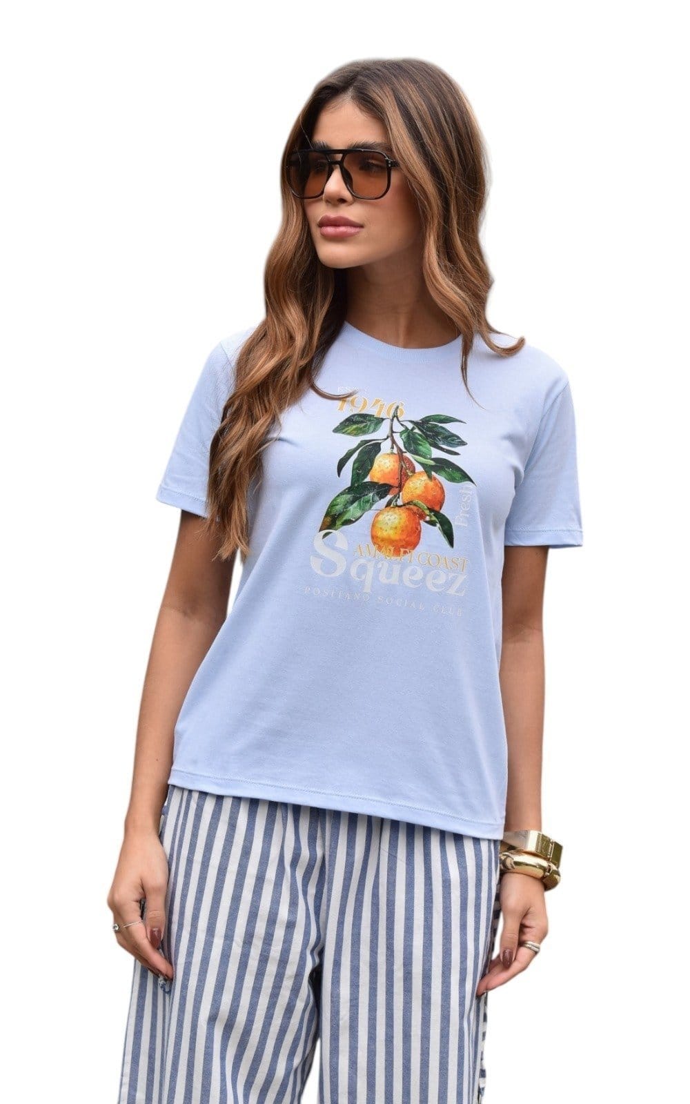 Vista 2 Camiseta Feminina Cianitas Claro Estampa Orange Squeez Cianitas azul