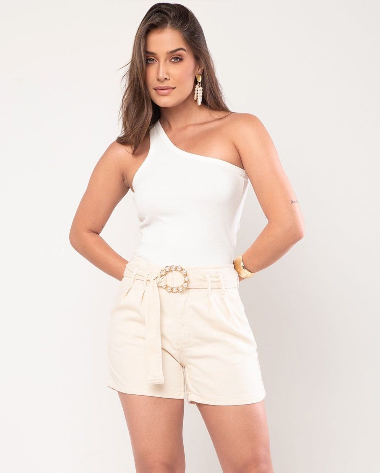 Shorts Sarja Feminino Alfaiataria Cós Revel 24421 Off White