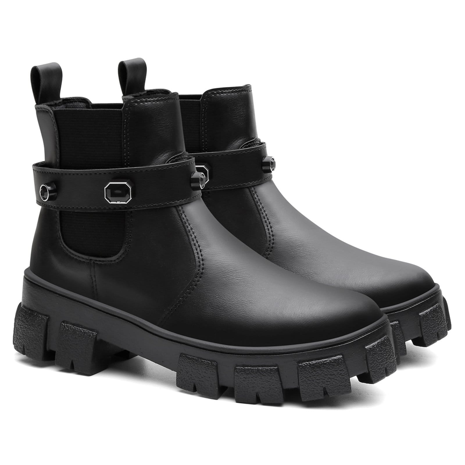 Vista 2 Bota Chelsea Feminina Cano Curto Conforto Tratorada Preta Pedraria Santa Rosa preto