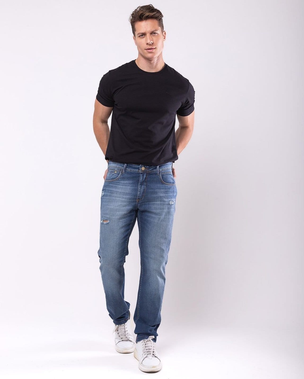 Calça Slim Fit Masculina Básica com Elastano 23828 Média Rasgada