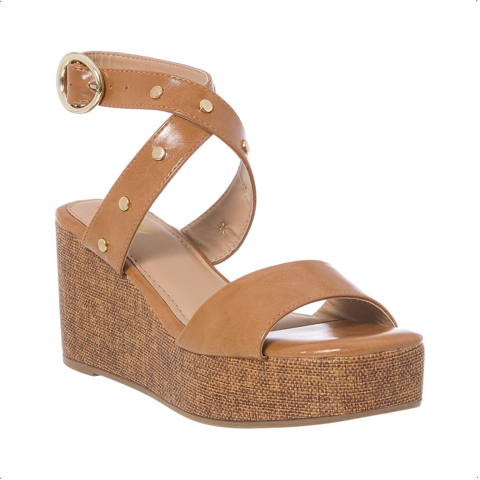 Vista 2 Sandália Anabela Plataforma Salto Tachas Boho Tramado Casual Stessy Shoes caramelo