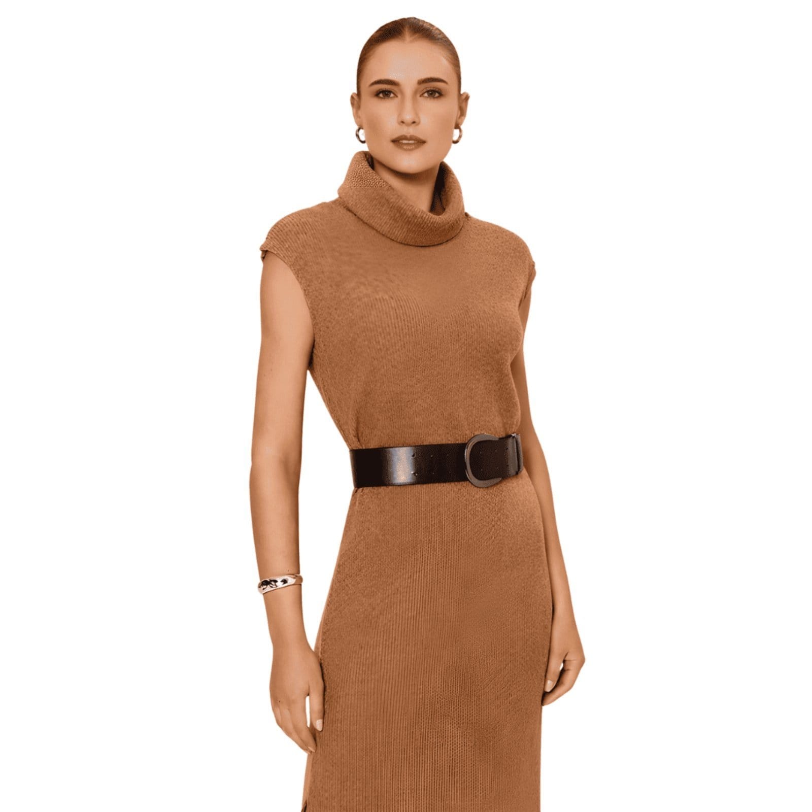 Vista 2 Vestido Canelado Tricô Gola Alta Lez a Lez caramelo