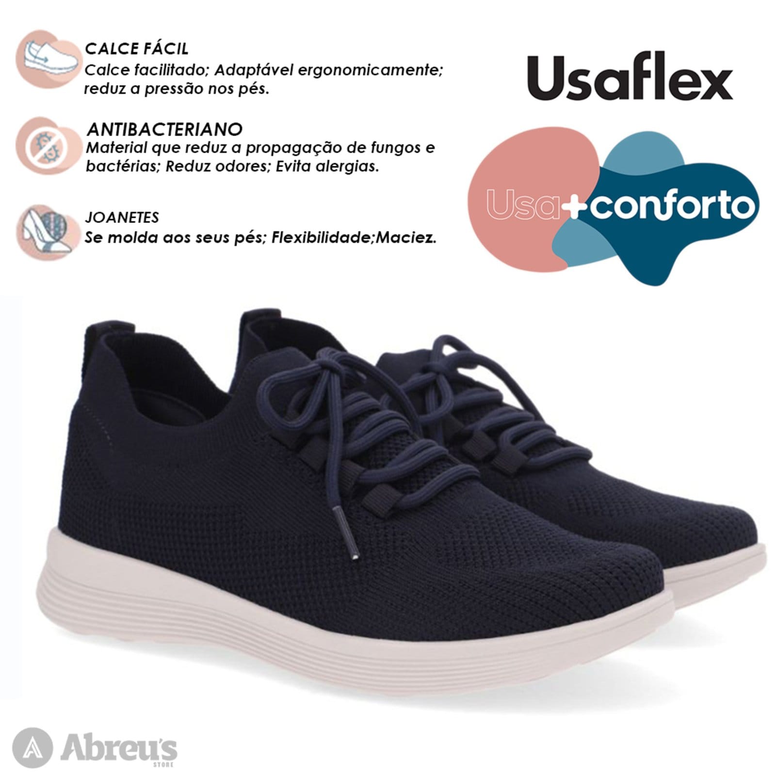 Vista 2 Tênis Feminino Usaflex Slip On Tecido Tricot Com Cadarço New Blue Usaflex azul blue