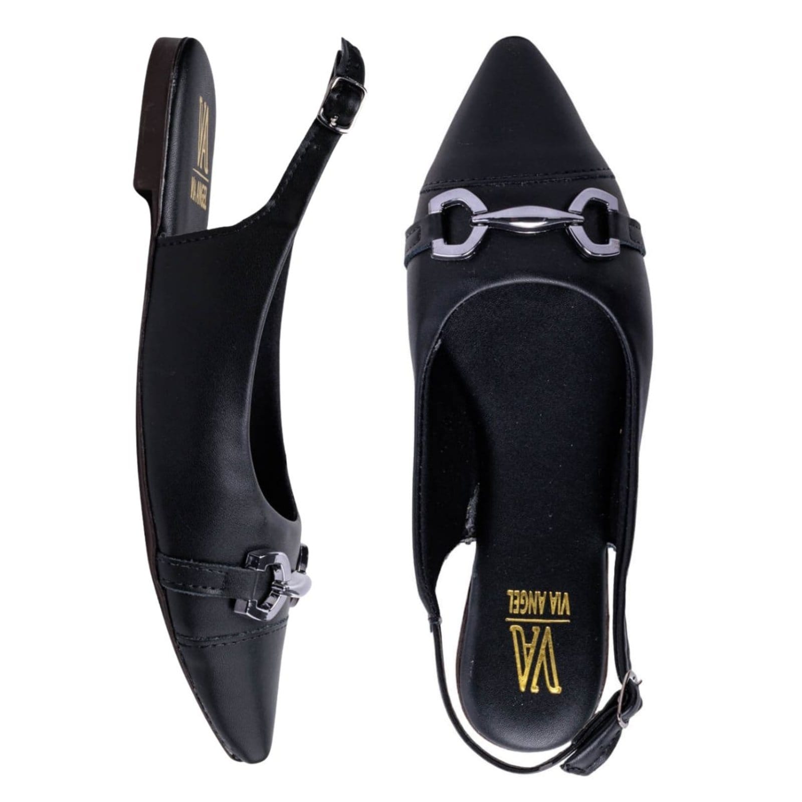 Vista 2 Sapatilha Slingback Feminina Flat Bico Fino Enfeite ABS Elegante Casual Angel 9401 VIA ANGEL preto