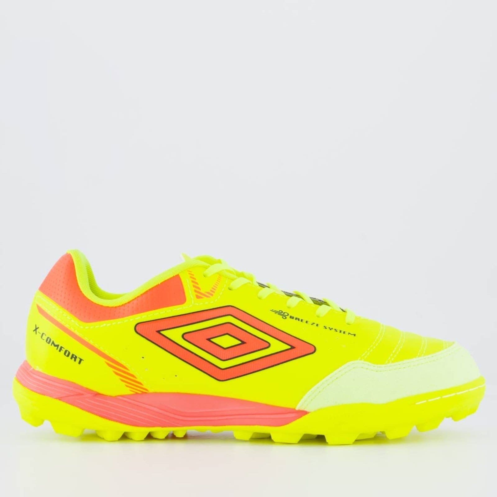 Chuteira Umbro X-Comfort Society Amarela Neon e Coral