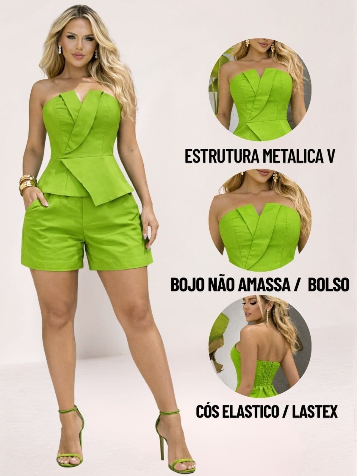 Vista 2 Conjunto Feminino Tropical Fashion Tomara Que Caia e Shorts Alfaiataria Tanqueray TROPICAL FASHION verde