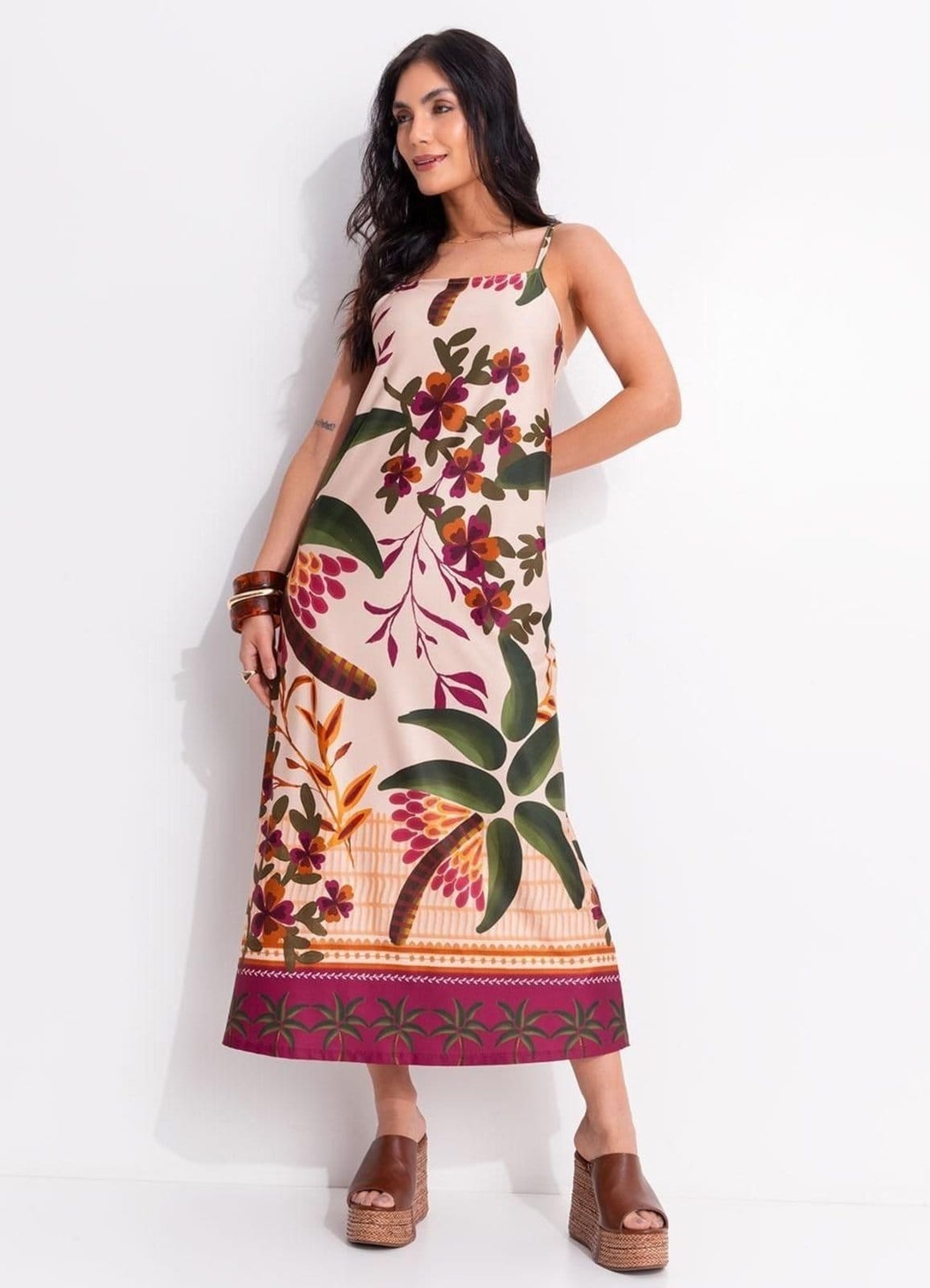 Vestido Em Malha Fria Quintess Barrado Tropical