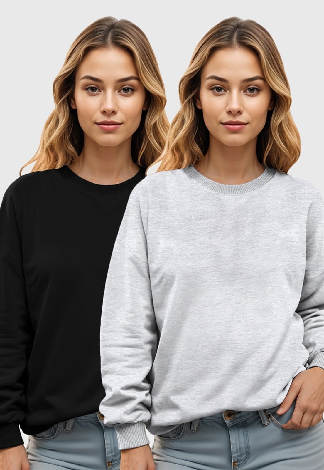 Vista 2 Kit 2 Moletom Gola Redonda Feminino Flanelado Benellys Liso com Benellys cinza/preto