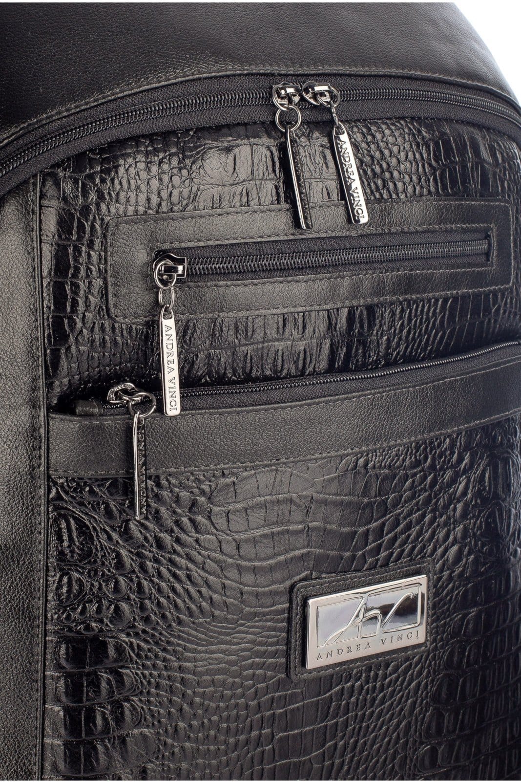 Vista 2 Mochila grande de couro croco metais grafite Marcela Andrea Vinci preto