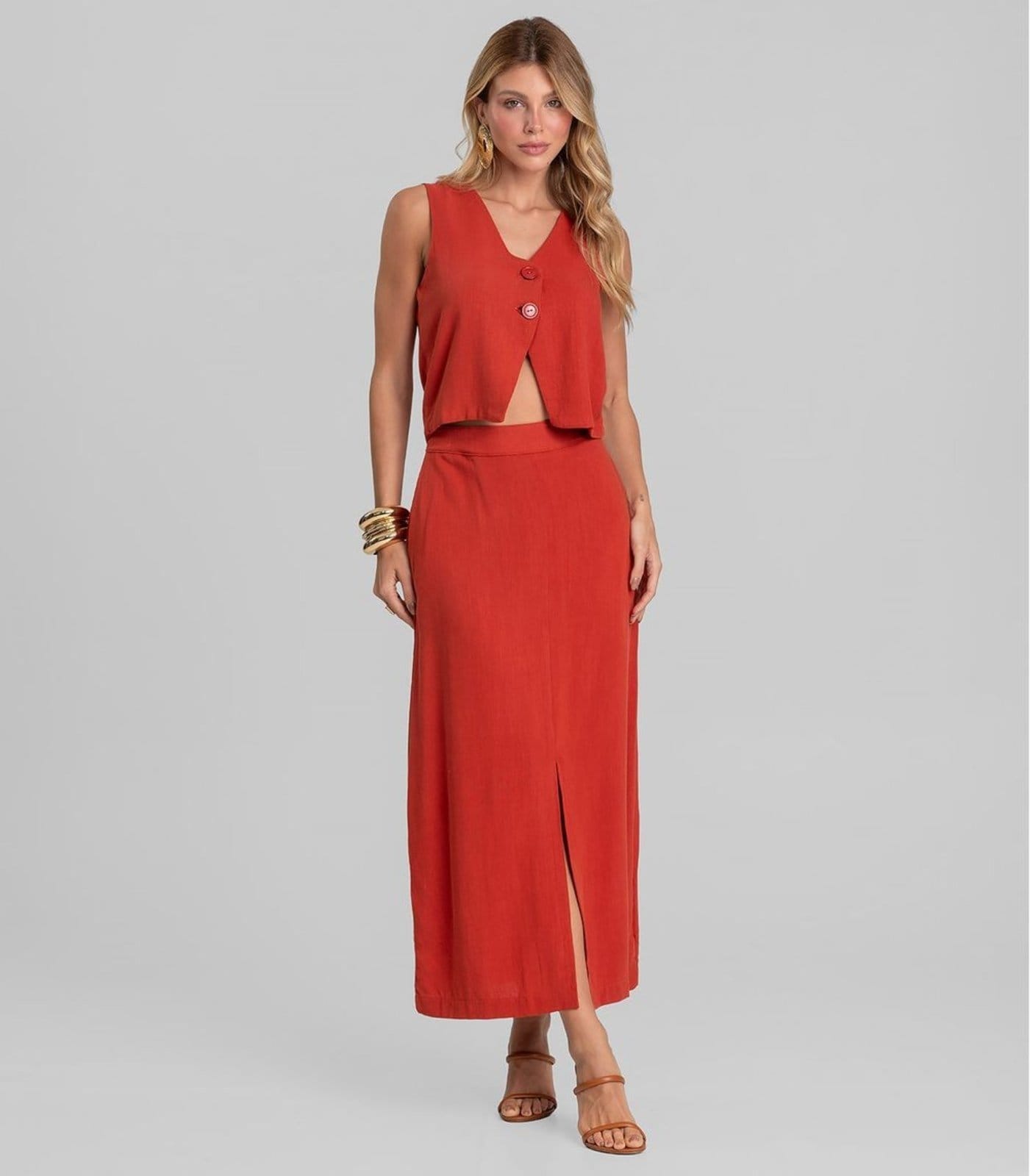 Saia Midi Em Tecido Linho Dianna