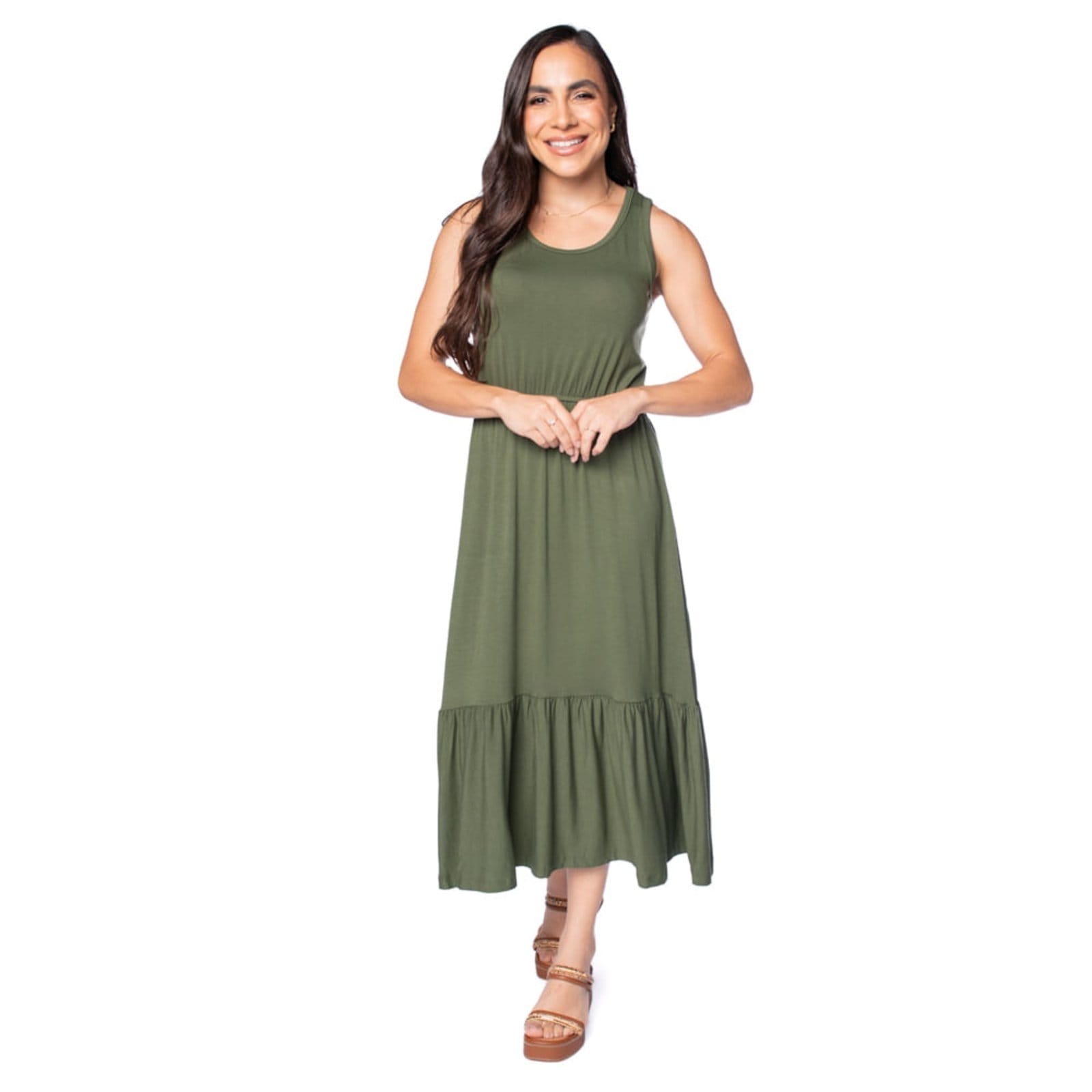 Vestido Midi Feminino Rechsul Sem Mangas com Babados