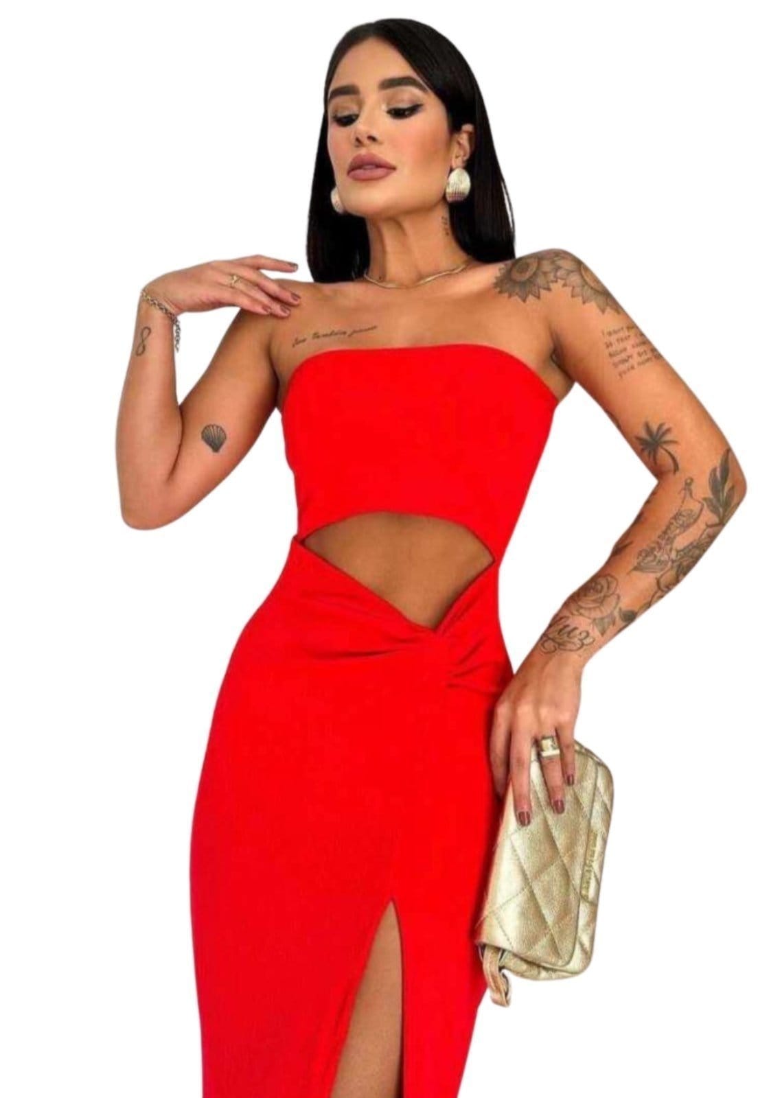 Vista 2 Vestido Longo Estiloso Tomara Q Caia Fenda nó Lateral Festa Summer Body vermelho