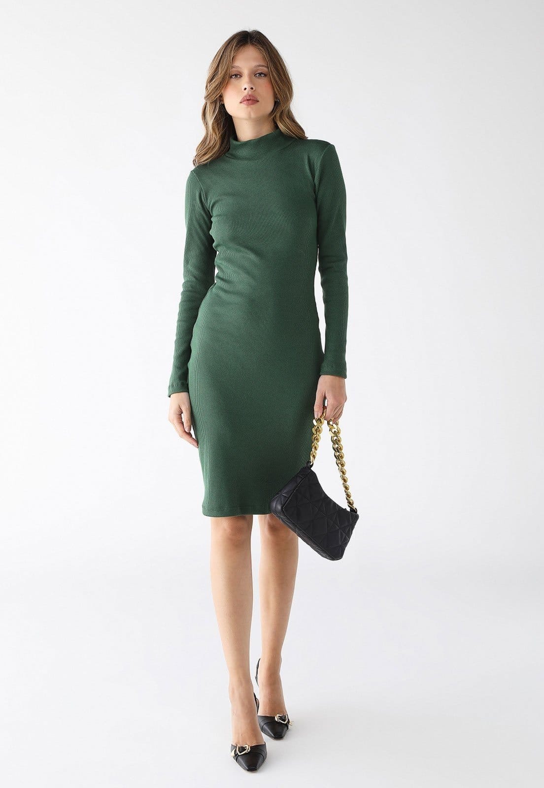 Vestido Curto Gola Alta Levosch Ribana Algodão Premium Verde Militar